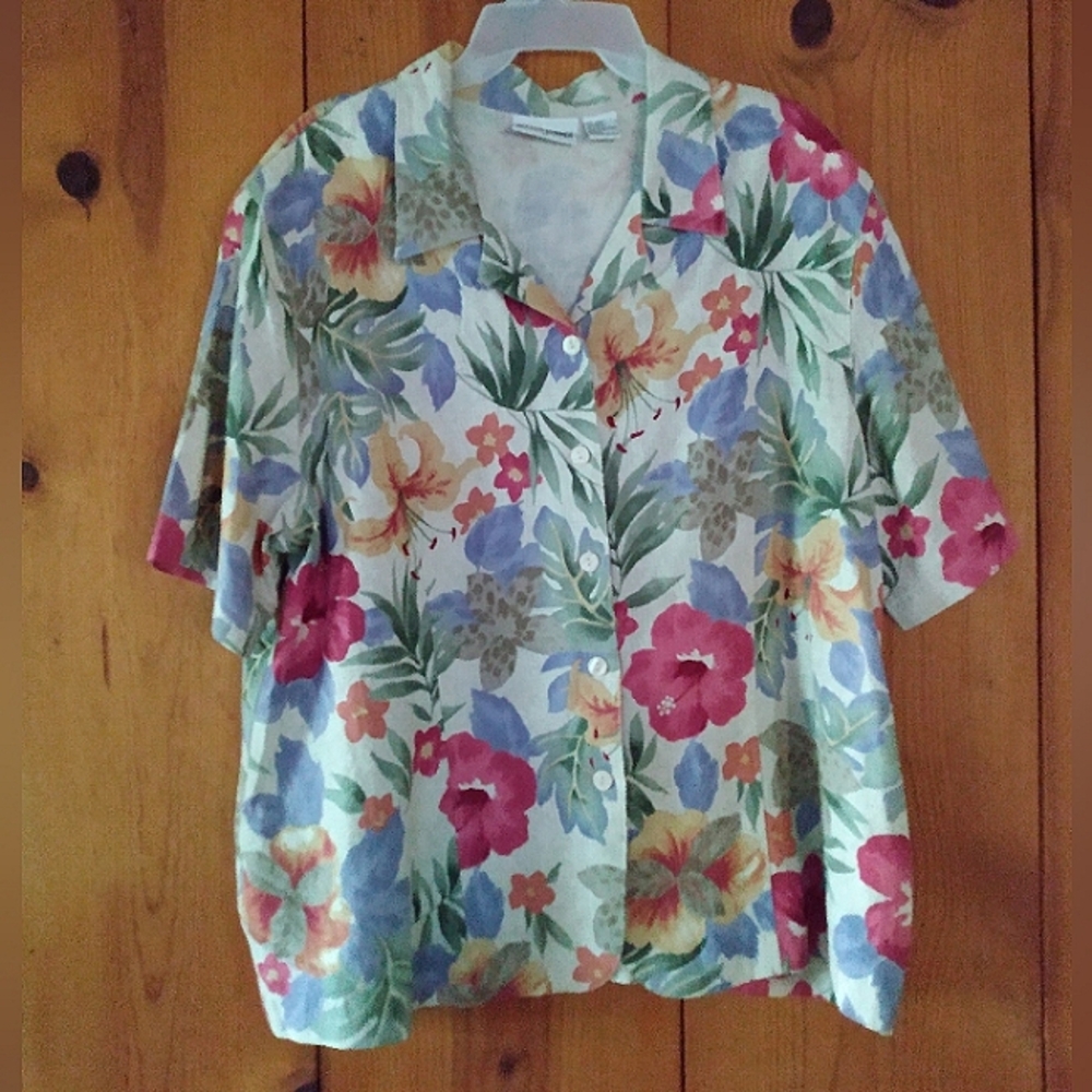 Alfred Dunner Linen Floral Button Down Blouse Short Sleeve